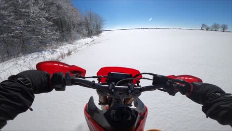 snowbike pov riding along snowy winter forest beautiful