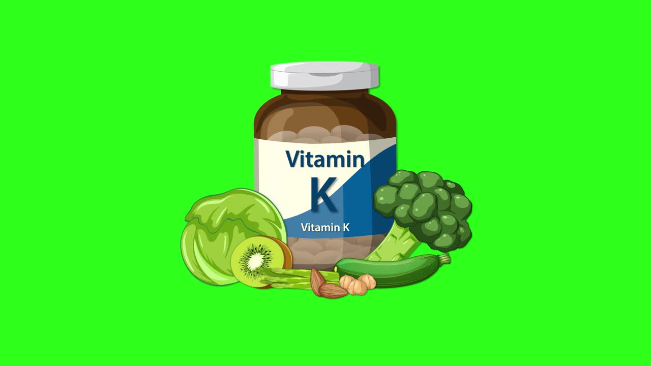 Vitamin K bottle appears with broccoli, lettuce, kiwi, nuts on bright green background, smooth transition