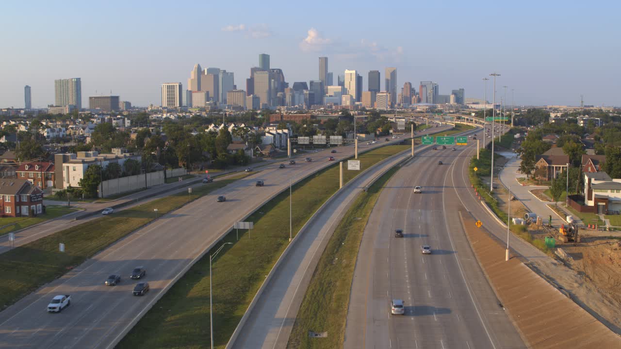 Drone Shot of 288 and Houston Skyline