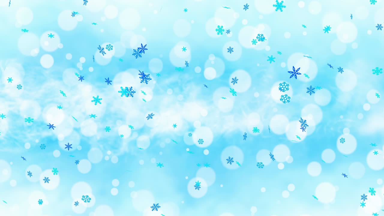 다채로운 밝은 눈 결정은 불과 함께 겨울 배경에 흔들리고 있습니다. 아름다운 자연 장면. 그림 겨울 눈알. 루프 애니메이션.