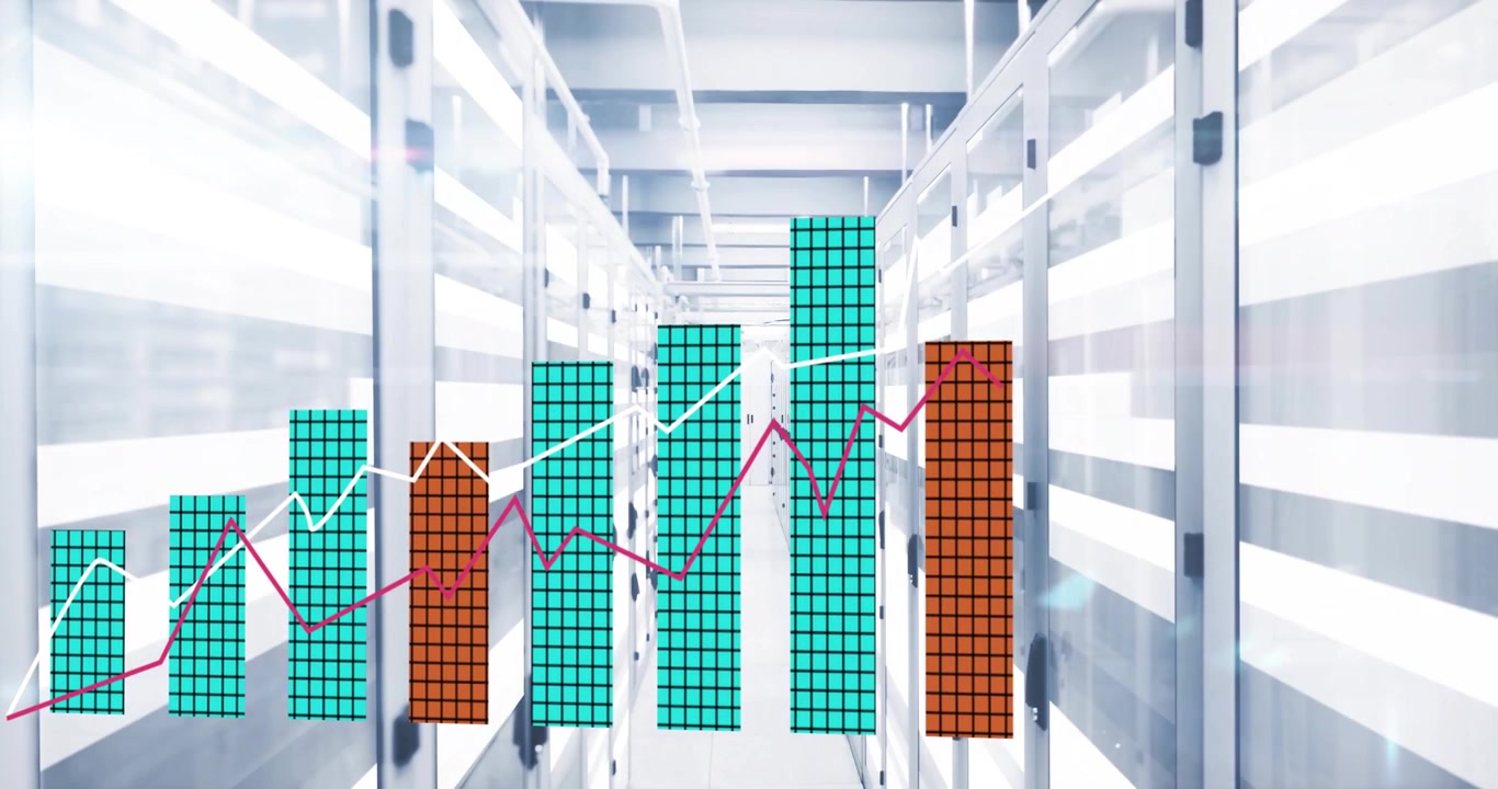 After pause turquoise bar chart growing across server aisle, magenta and white lines tracing trends