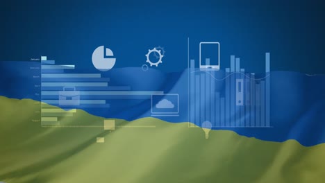 animación del procesamiento de datos financieros sobre la bandera de ucrania