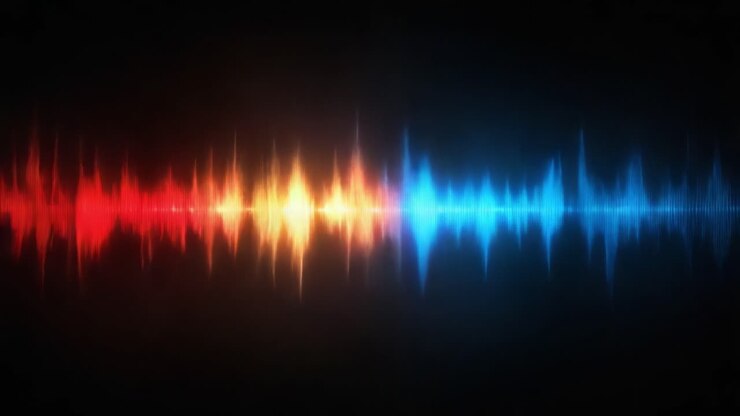 Levende lydbølger visualiseret: En imponerende visning af lydfrekvenser i flerfarvet lys, der repræsenterer musikkens dynamik og digitale lydlandskaber.