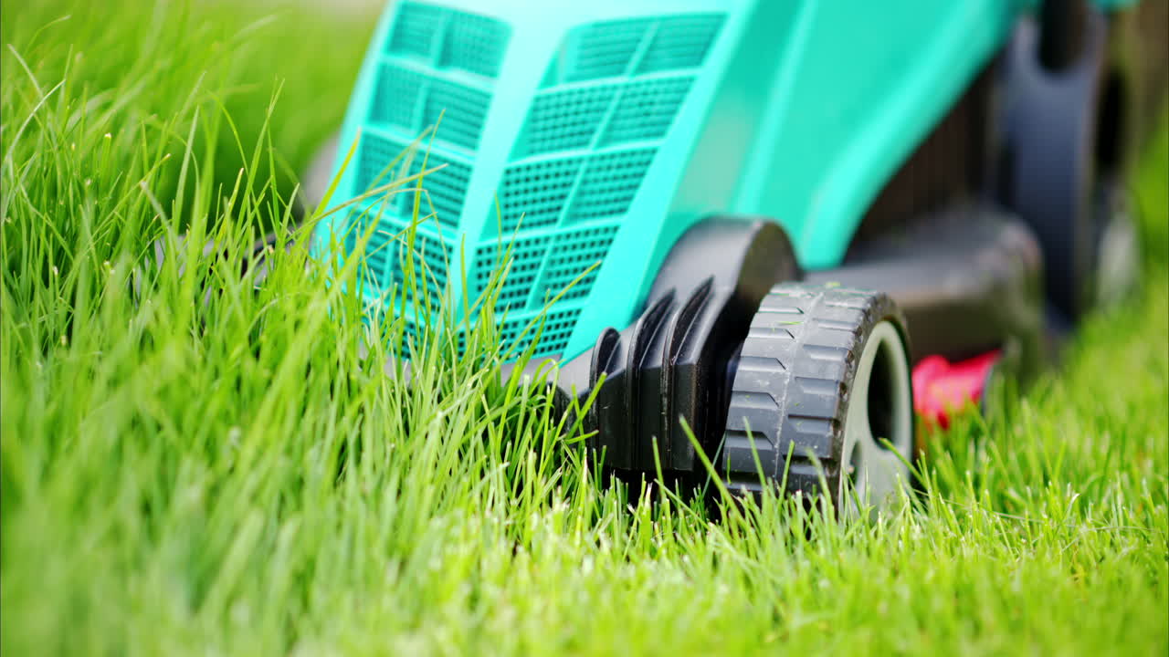 Close up of turquoise lawn mower machine cutting the grass