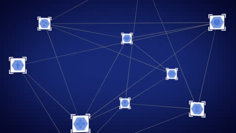 animation of network of connections with digital icons floating on blue background