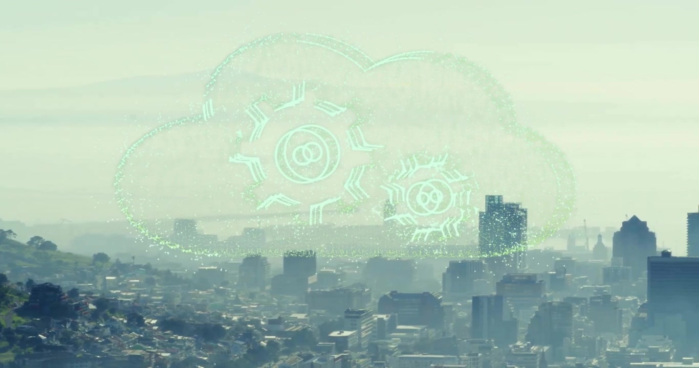 cyan beam bursting from city center into pulsing holographic cloud and gears illustrating data flow