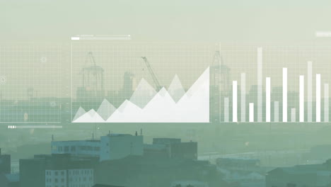 animation of diagrams and data processing over cityscape