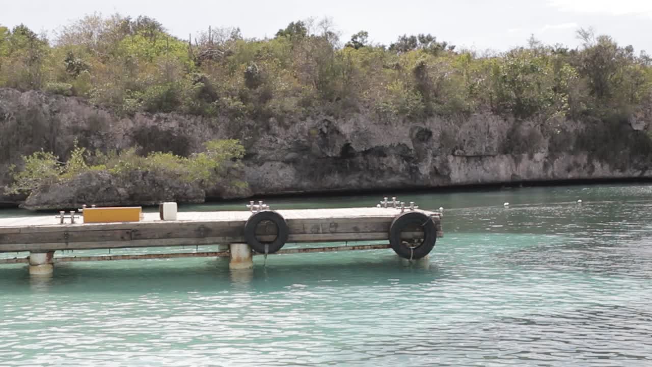Small pier on the shore. The seashore with a cliff behind. Catalina island beach in beautiful Caribbean sunshine