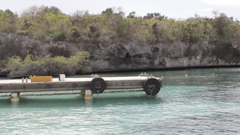 small pier on the shore. the seashore with a cliff behind. catalina island beach in beautiful caribbean sunshine