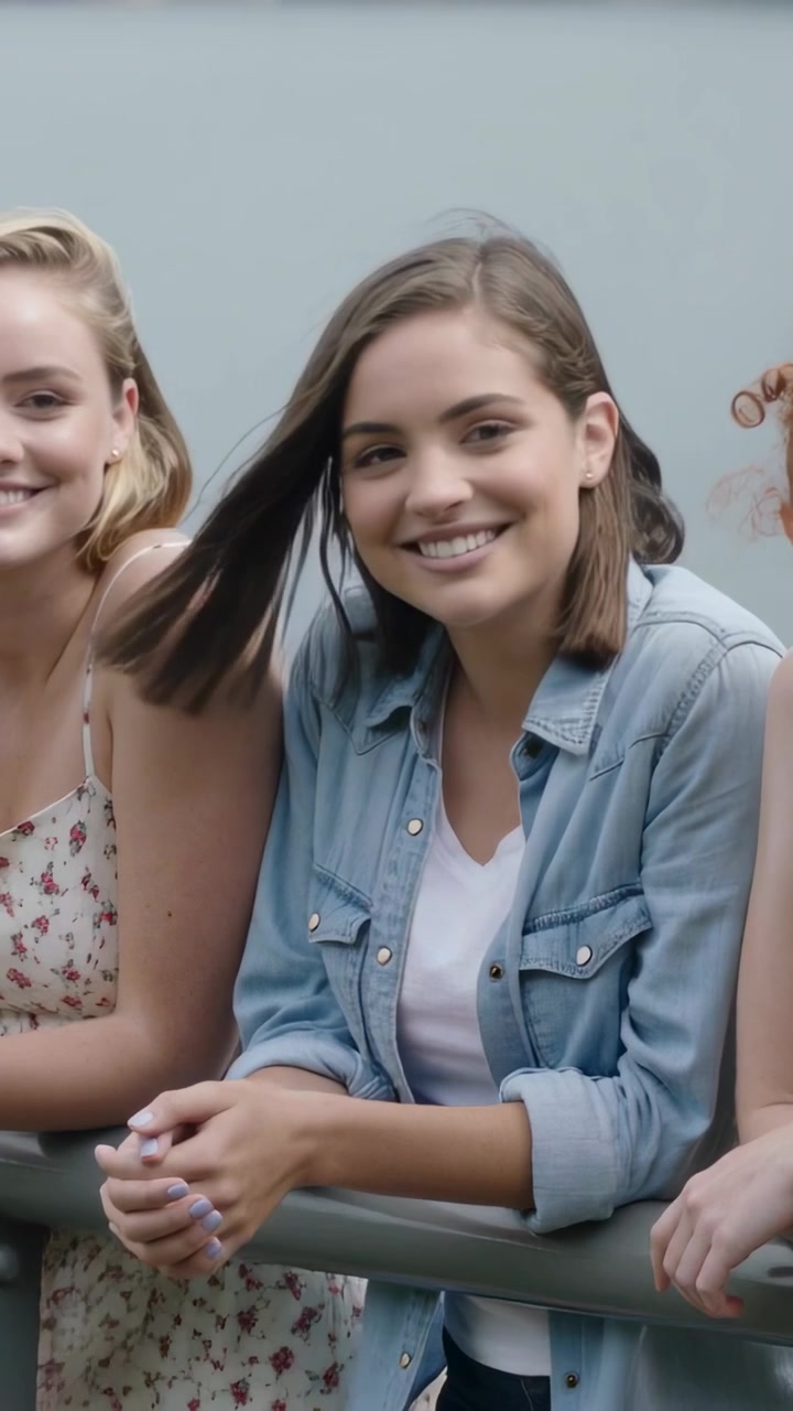 Video verticale: Sentendo una voce, un'adolescente al centro alza il viso, sorridendo su una ringhiera, in jeans con unghie color lavanda.