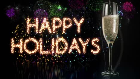 animation of happy new year text greetings over glass of champagne and fireworks