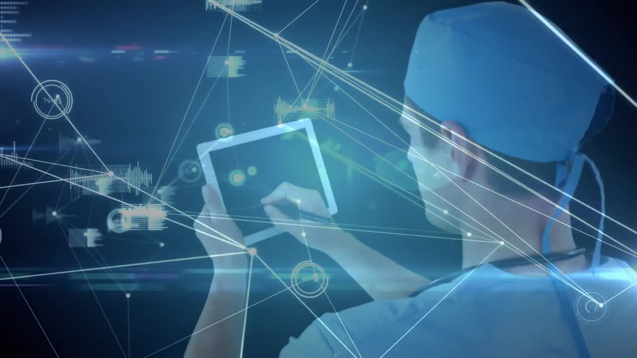 디지털 태블릿을 사용하는 남성 외과 의사의 뒤쪽 시야에 대한 연결 네트워크와 데이터 처리