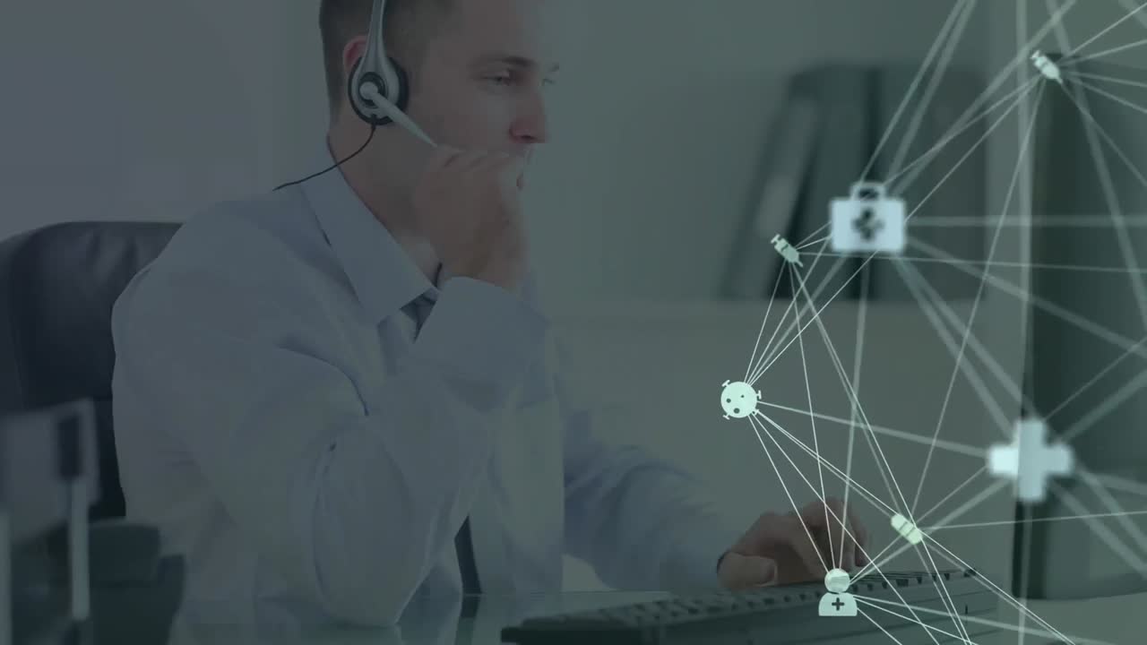 Animazione di una rete di connessioni e icone su un uomo d'affari con cuffie