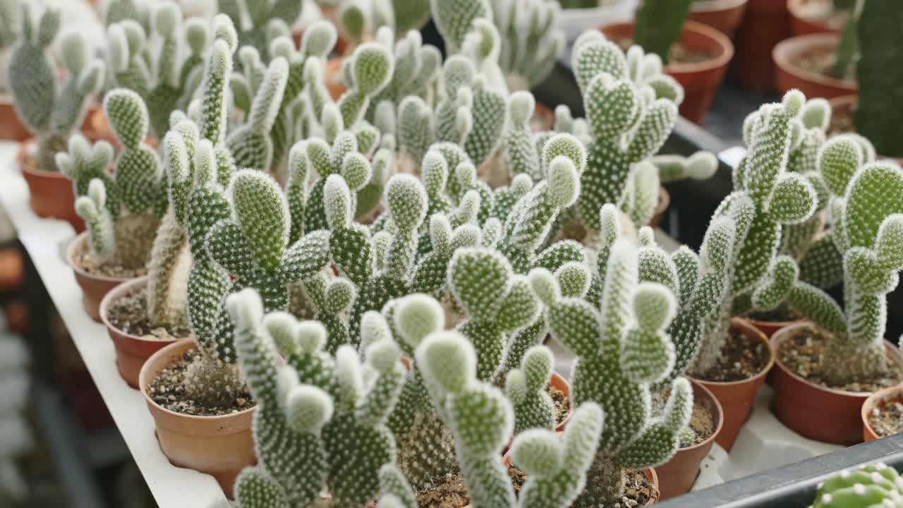 Vista ravvicinata al rallentatore di un appezzamento di coltivazione di molti graziosi piccoli cactus a orecchie di coniglio o cactus a pois verdi
