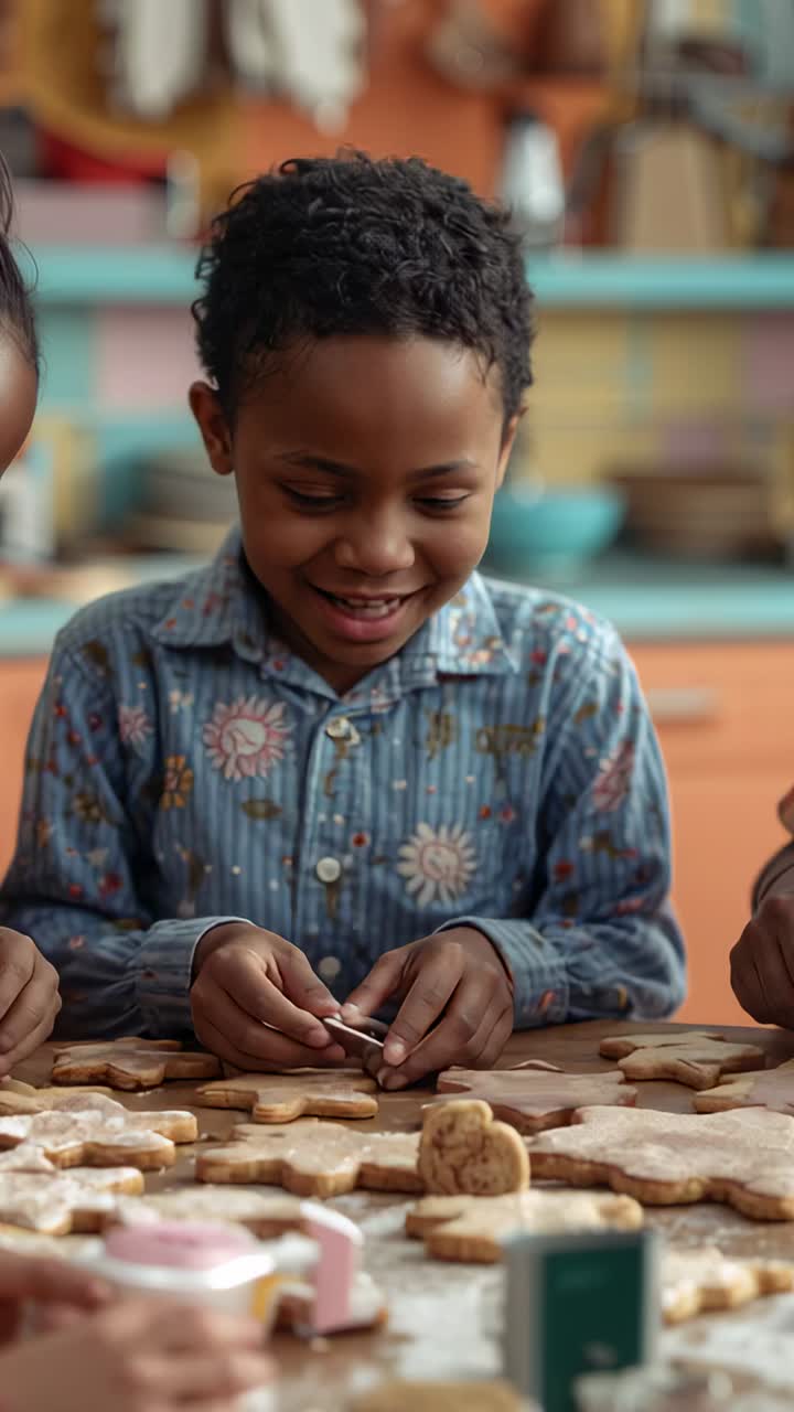 Vertical video: Sunlight flooding kitchen motivating friends decorating cookies with pastel icing