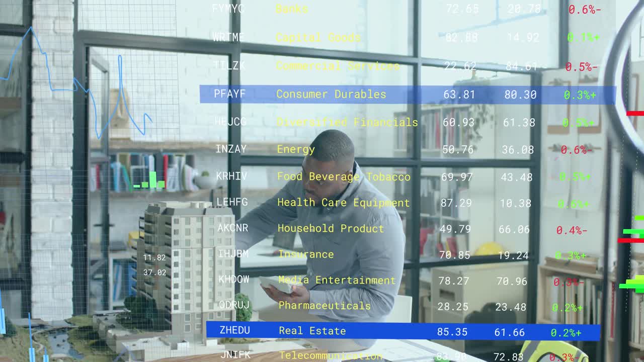 Charts processing data over african american male architect studying building model