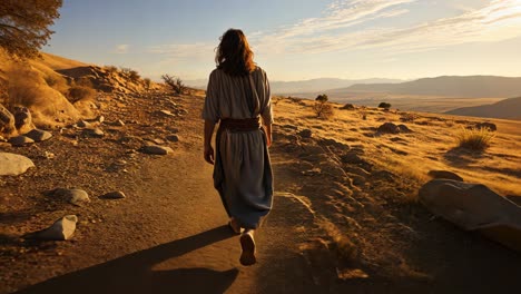 man walking on a rocky path during sunset in a serene landscape