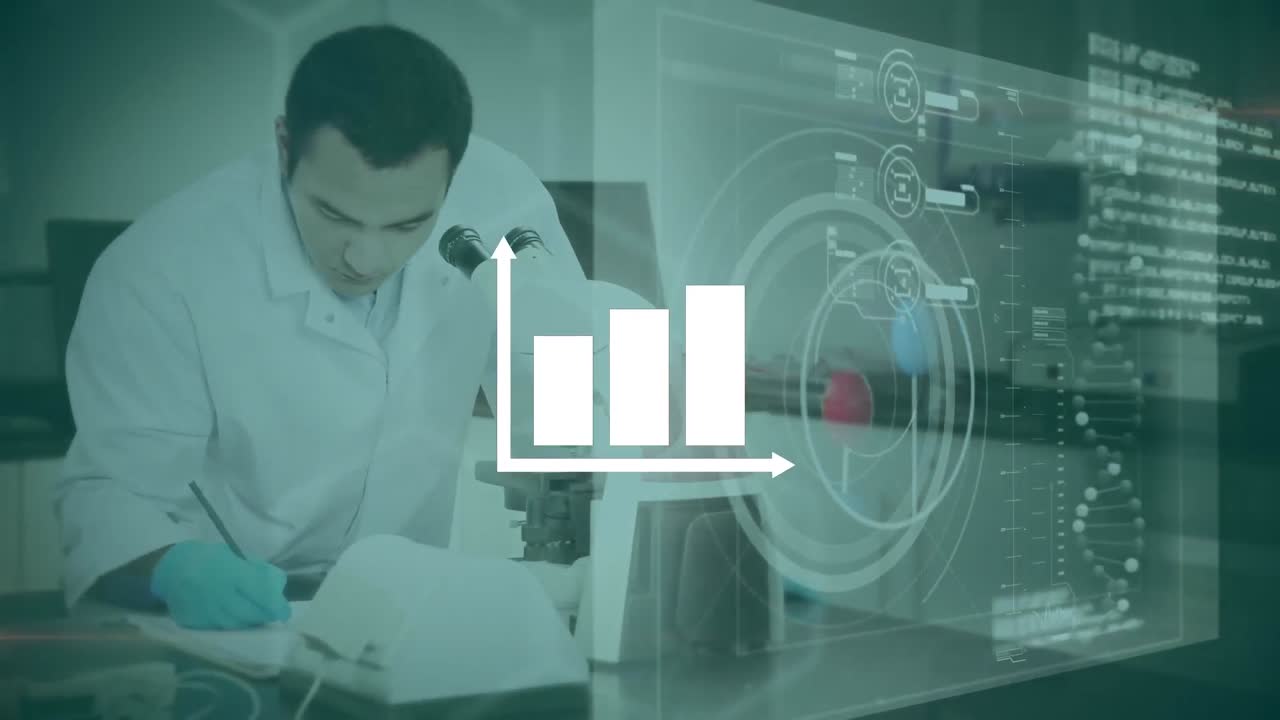animación del procesamiento de datos científicos sobre un científico caucásico en el laboratorio.