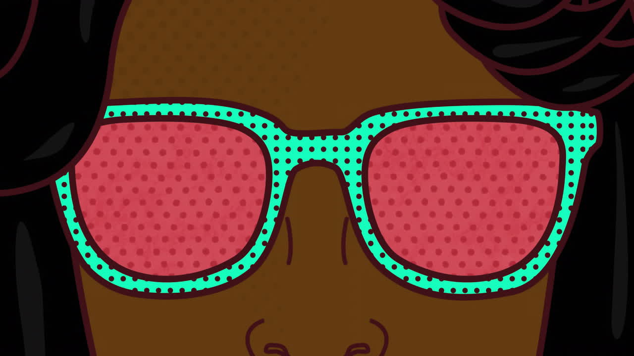 animación de una mujer con gafas sobre un fondo rosa con manchas