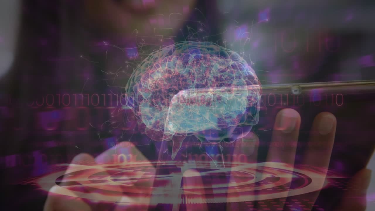 Animazione di elaborazione dati e cervello digitale su una donna d'affari che usa un tablet