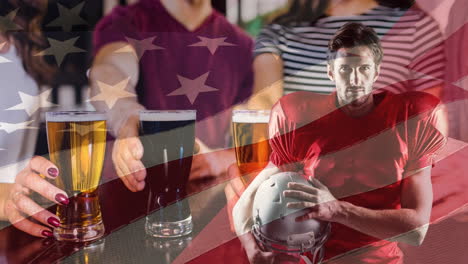 animation of american flag and american football player over group of friends drinking in bar