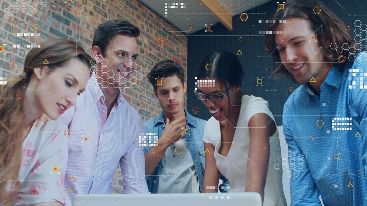 Animation of data processing over diverse business people in office ...