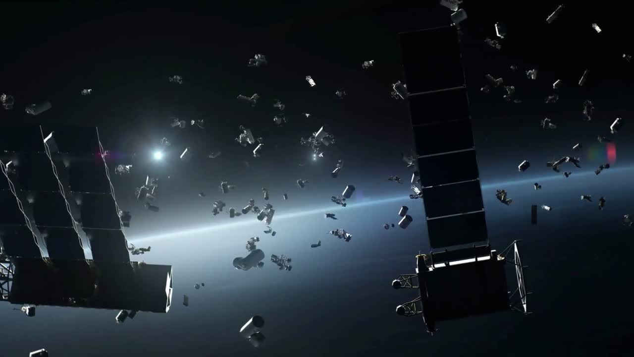 지구 주위의 우주 쓰레기 도에 대한 극적인 시각화.