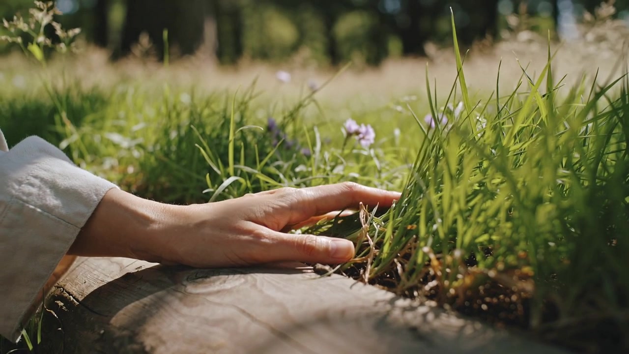 Reaching hand, cuff entering from left, sliding fingers on grassy log, feeling soil, purple buds