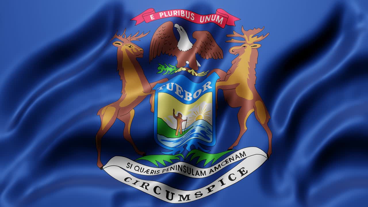 la bandera del estado de michigan de los estados unidos ondeando