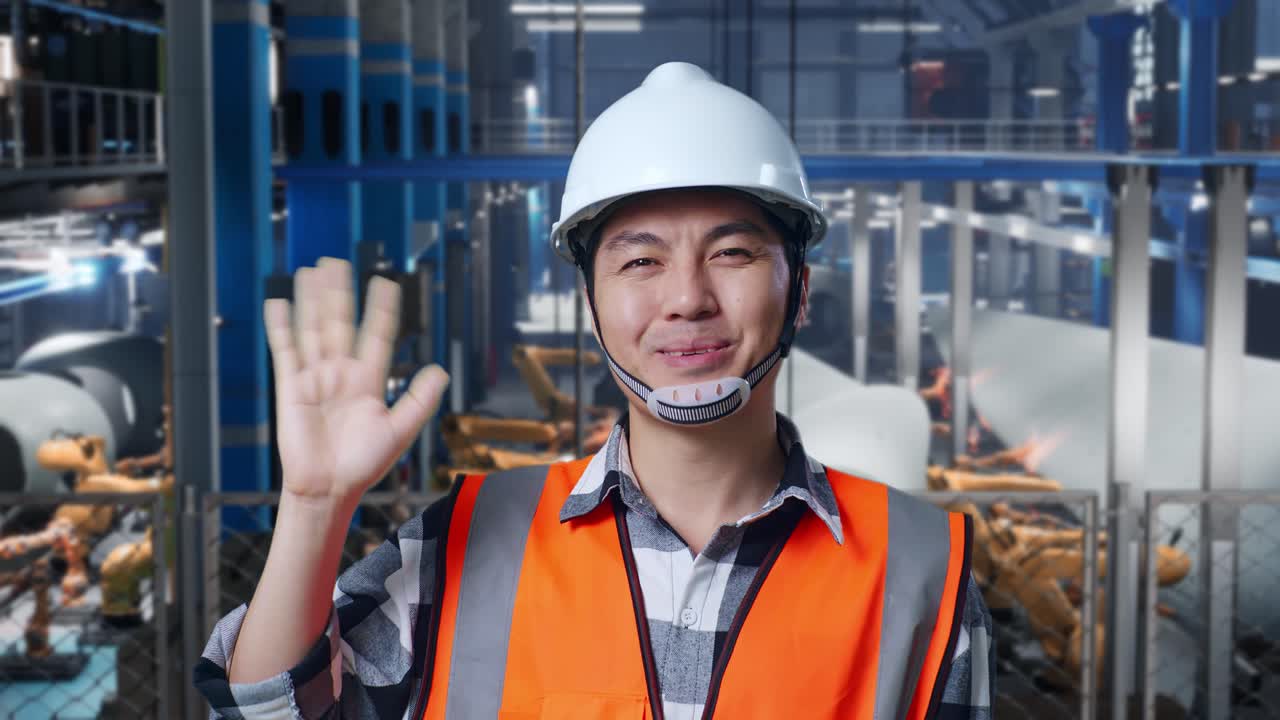 공장 노동자가 손을 흔들고