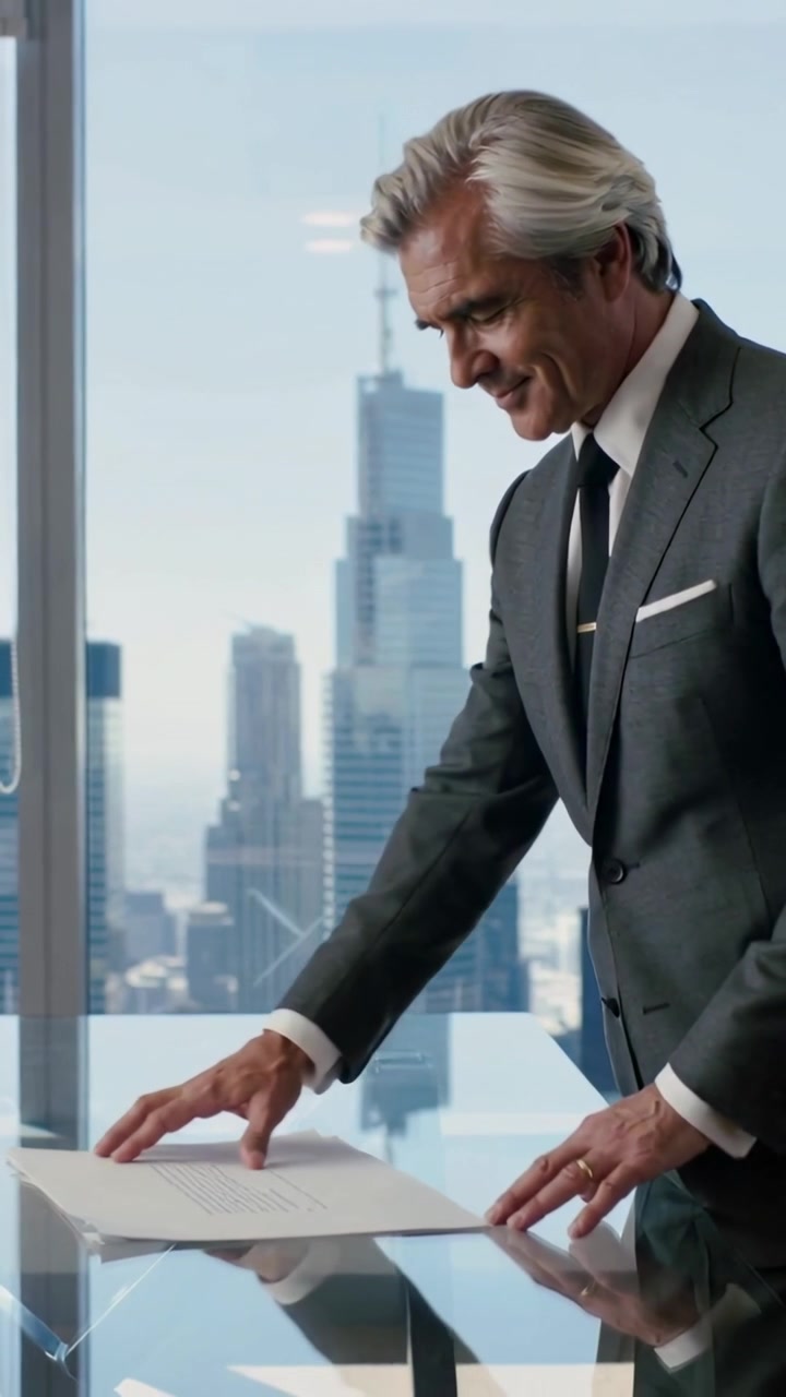 Vertical video: Leaning suited senior smoothing docs for meeting on glass desk in tower, copy space