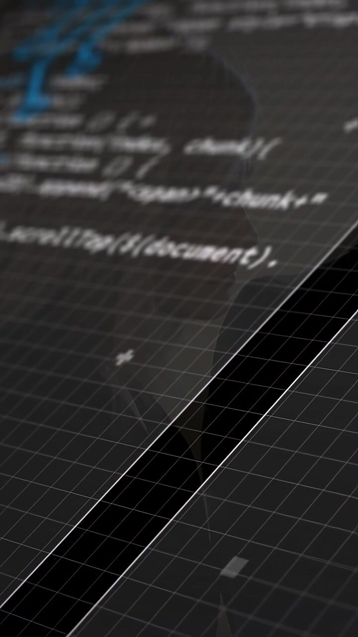 Vertical video: Grid diagonal centering shifting HUD scrolling revealing male profile text for tech