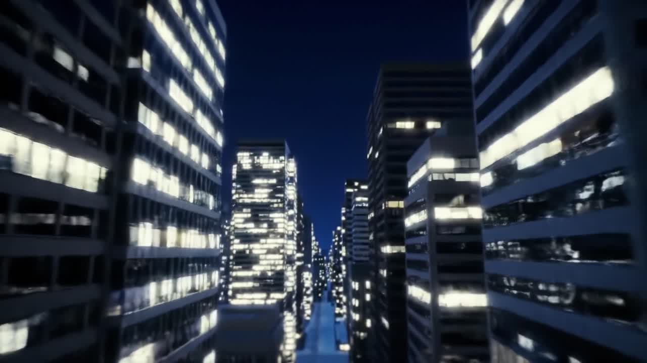 Aerial View of a Modern Urban Cityscape at Night, Showcasing Brightly Lit Skyscrapers and a Sprawling Urban Landscape Bathed in Neon Lights