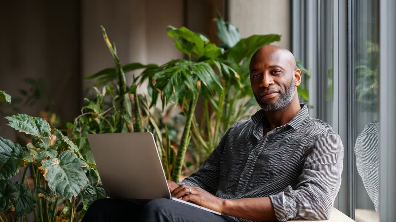 A man enjoys a tranquil moment in a bright, plant-filled space, engaging with modern technology on his laptop, embodying relaxation and focus amid a serene indoor atmosphere
