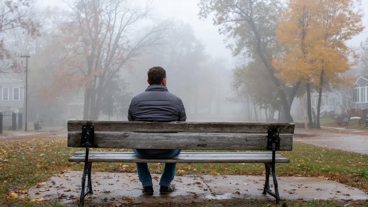 Una figura solitaria contempla la vita in una nebbiosa giornata autunnale: riflessioni nella nebbia su una panchina vuota del parco, circondata da foglie dorate