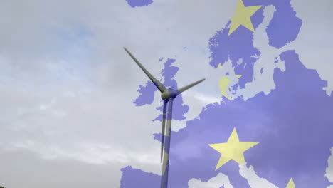 animation of european union flag and map of europe over rotating wind turbine and blue sky