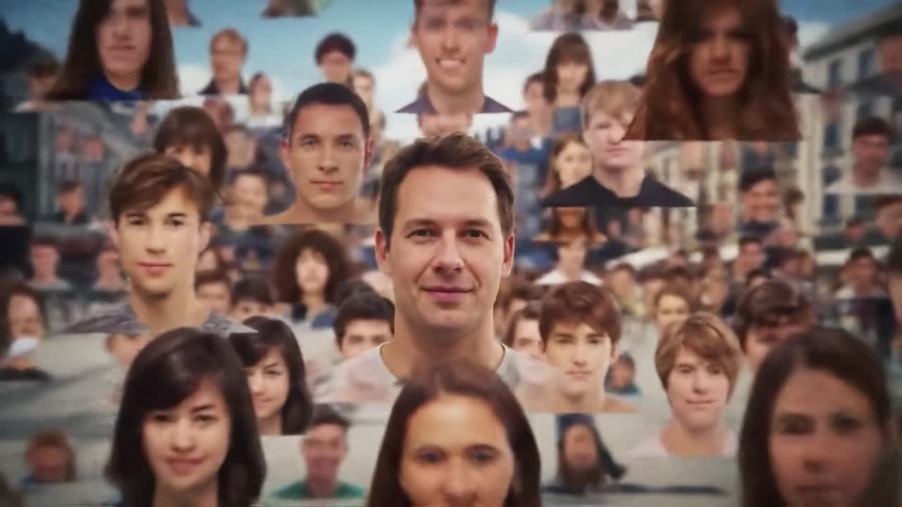 A man stands at the center of a crowd made up of different faces, showcasing emotions and connections among diverse individuals in an urban environment.