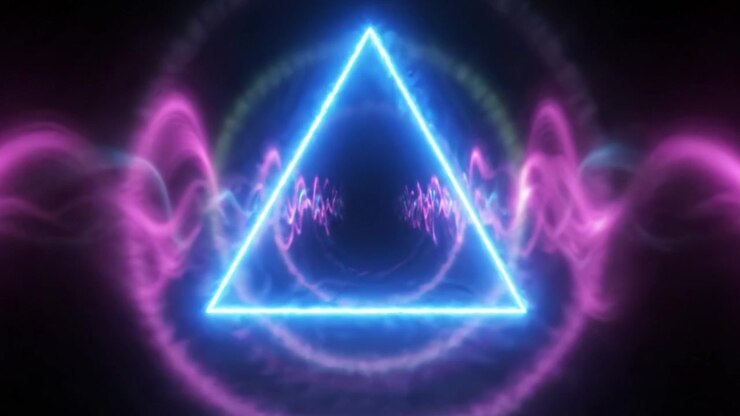 A captivating visual journey through a glowing triangle, showcasing dynamic waves of vibrant blue and pink colors, symbolizing energy and creativity in motion.
