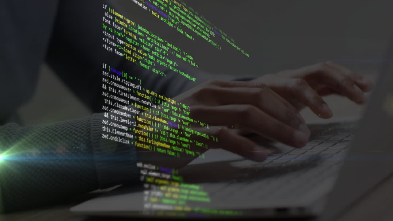 Animation of digital data processing over biracial man using laptop