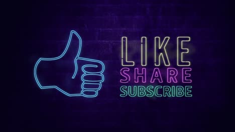 animation of neon style words like share and subscribe with a thumb icon flickering