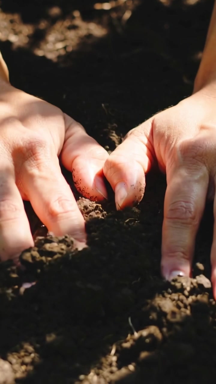 Vídeo vertical: Mãos nuas pressionando e pegando terra de jardim, quebrando torrões para plantio.