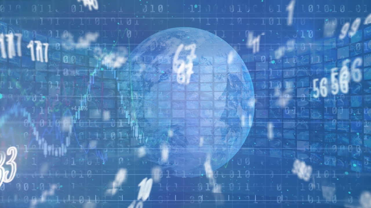 금융 데이터 처리 및 전 세계적으로 변화하는 숫자의 애니메이션