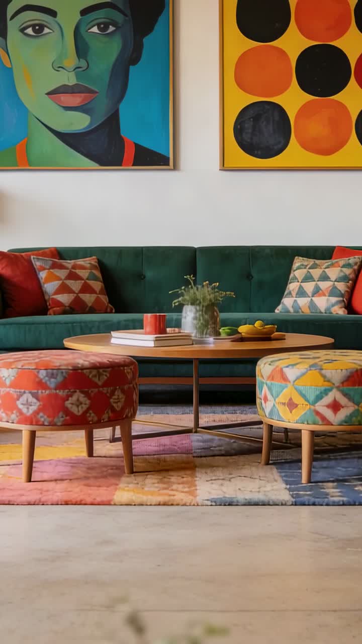 Vertical video: Rising camera starting low revealing green sofa and wood table in home for display