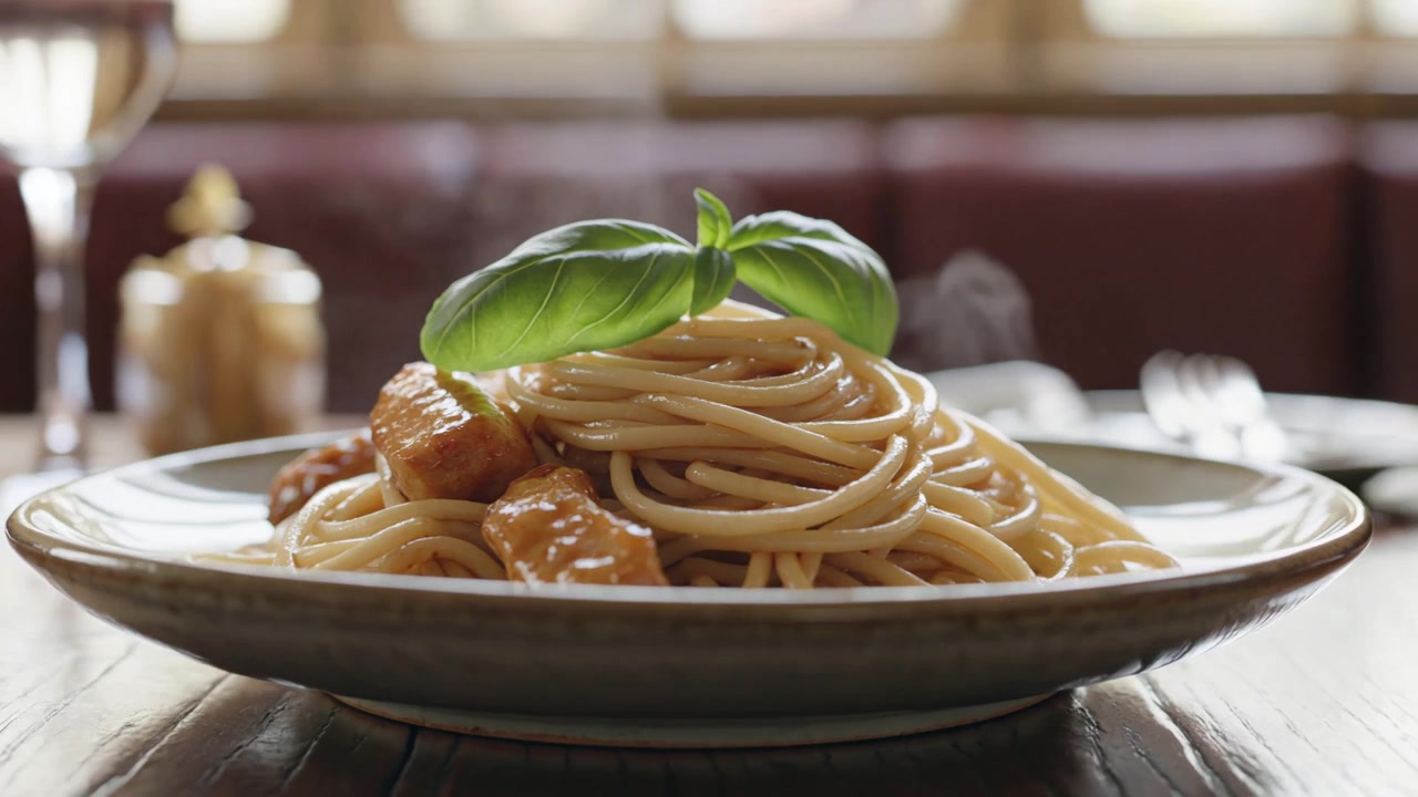 Deliziosi spaghetti fumanti con pollo e basilico su un piatto