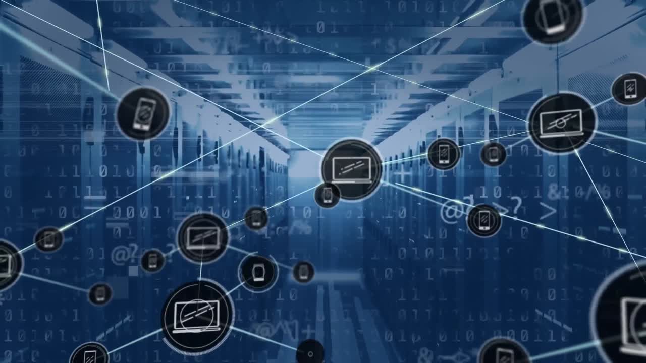 Animation of network of digital icons, changing symbols and binary coding against server room