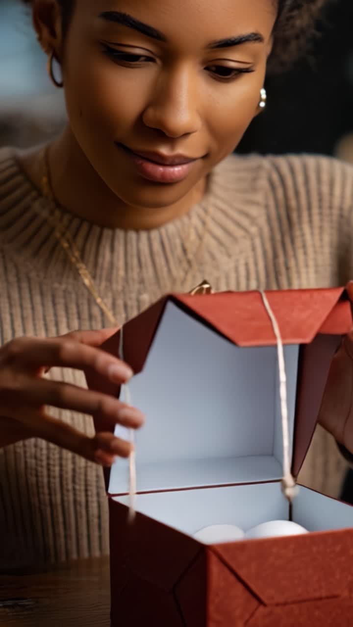 Una donna che scarta una scatola regalo splendidamente confezionata, rivelandone il contenuto elegante, mostrando gioia e anticipazione in un ambiente accogliente e intimo durante un momento speciale.