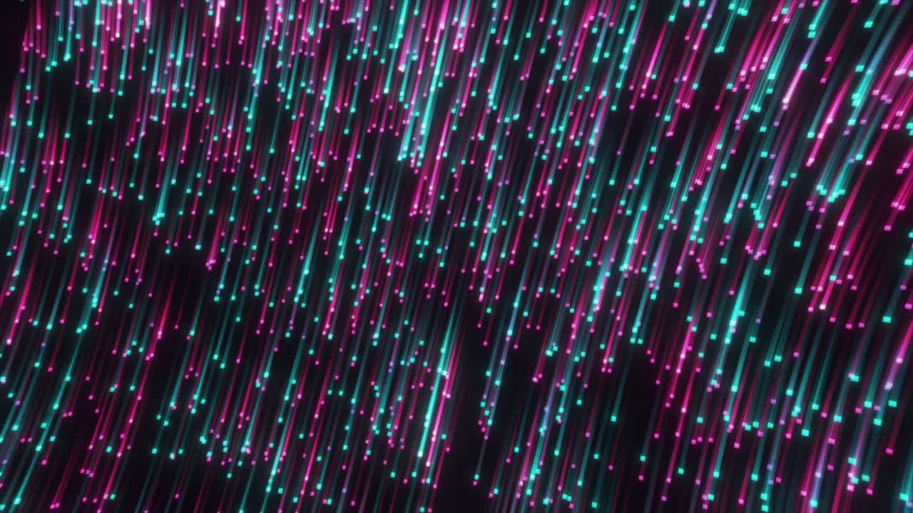 검은색 배경에 떨어지는 다채로운 네온 비의 추상적인 애니메이션, 네온 빛 입자 원활한 루프 모션 배경.