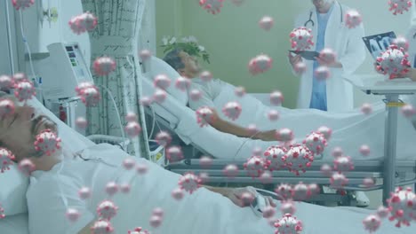 Animation-Von-Makro-Covid-19-Zellen,-Die-Von-Patienten-über-Ärzten-Schweben,-Die-In-Einem-Krankenhauszimmer-Stehen