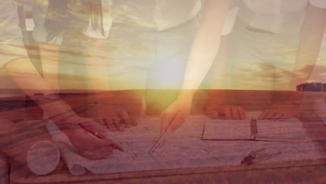 animación de un hombre de negocios en una reunión de lluvia de ideas, trabajando juntos, con la puesta de sol.