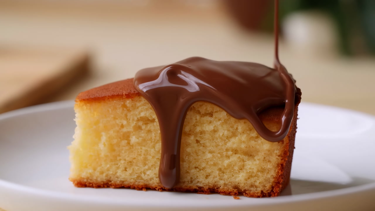 Slice Of Sponge Cake With Chocolate Home Baker Pouring Ganache, Melting Chocolate Sauce Poured Slow Motion
